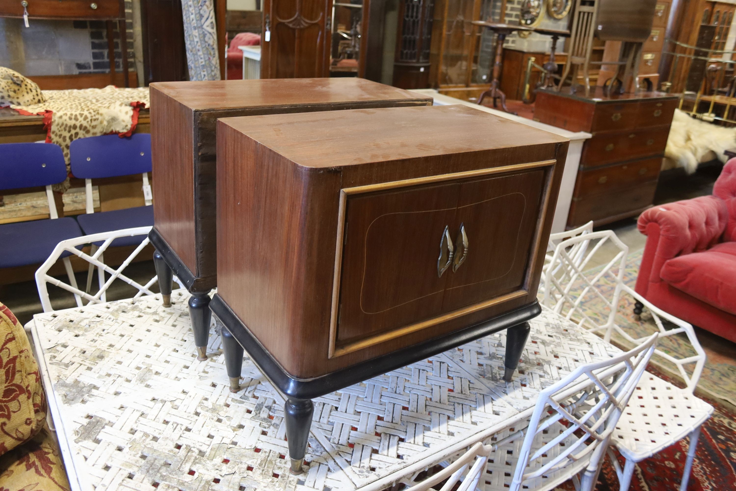 A pair of mid century part ebonised teak bedside cabinets, width 60cm, depth 33cm, height 57cm